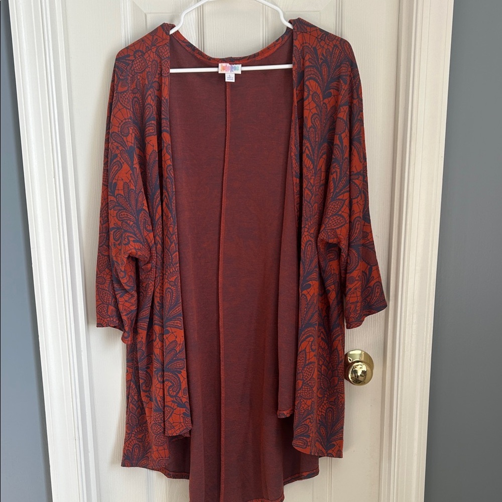 ⚜️ Lularoe Women's Burned Orange/Red and Blue Long Patterned Cardigan Sweater